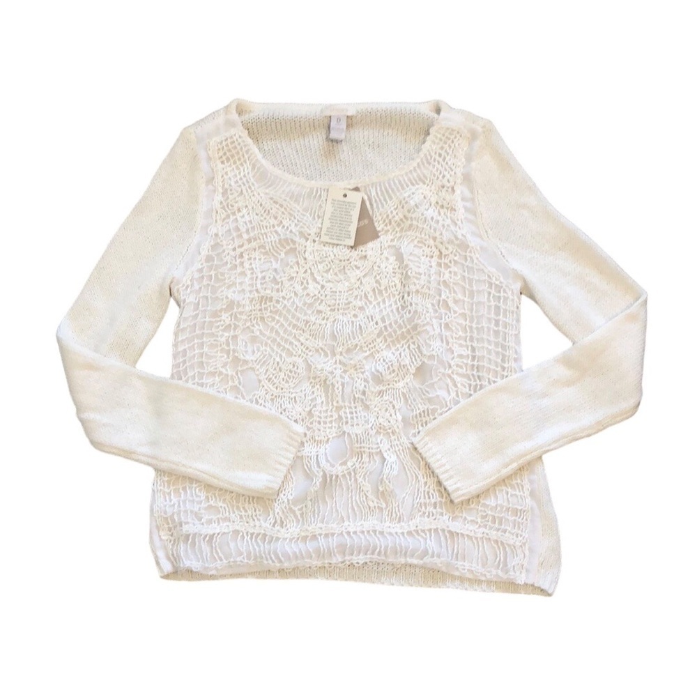 NWT Chicos Womens Sweater Sz S Mariah Macrame Pullover Optic White Knit Scoop